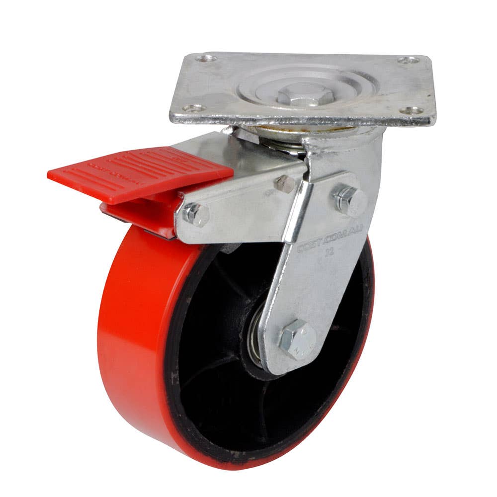 J3 Series Swivel & Brake Plate Castor Wheel Urethane on Cast Iron 100mm 30000412 J32TZ85K100