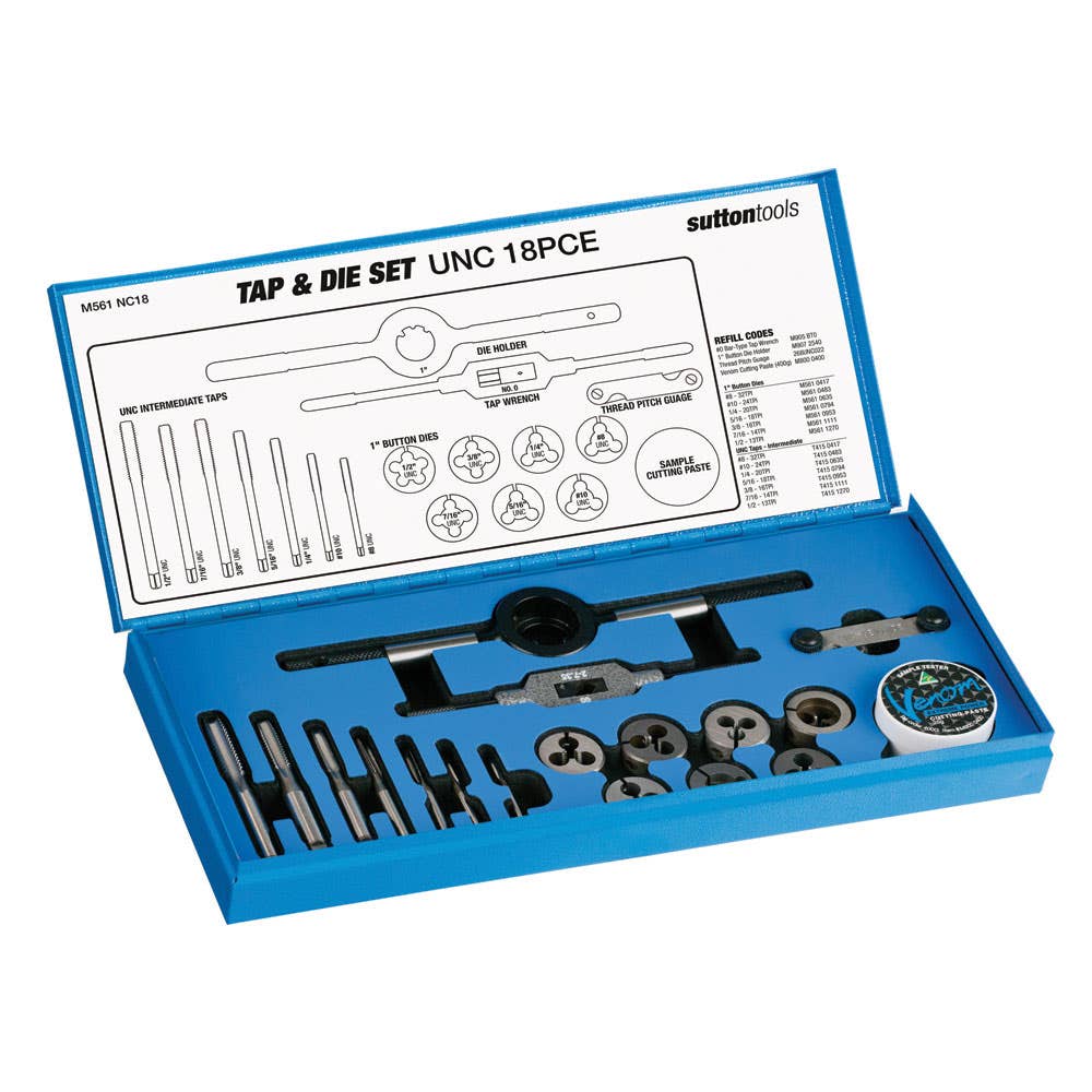 Tap + Die Set UNC HSS No.8 + No.10 + 1/4 - 1/2'' 18 Piece Sutton 30004397 M561NC18