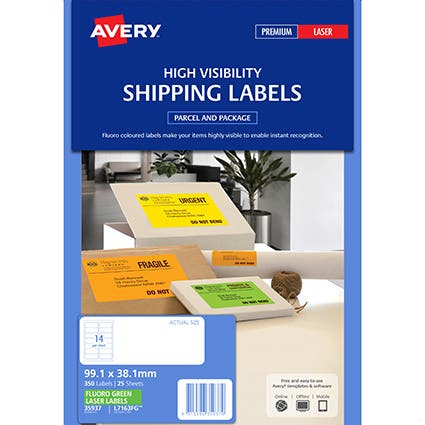 Avery High Vis Shipping Labels L7163F 99.1X38.1mm Fluro 14Up Pack 25 Green 22502015 AV35937