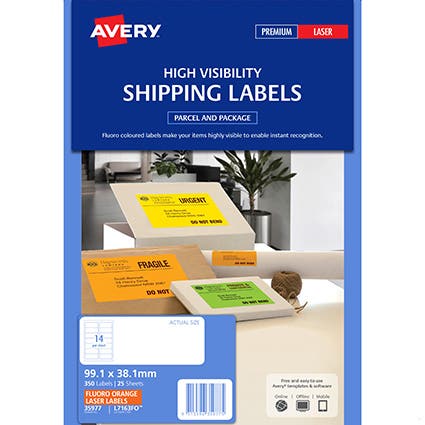 Avery High Vis Shipping Labels L7163F 99.1X38.1mm Fluro 14Up Pack 25 Orange 22502021 AV35977