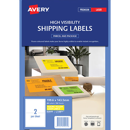 Avery High Vis Shipping Labels L7168FY 199.6X143.5mm Fluoro 2Up Pk10 Yellow_1031031_959405
