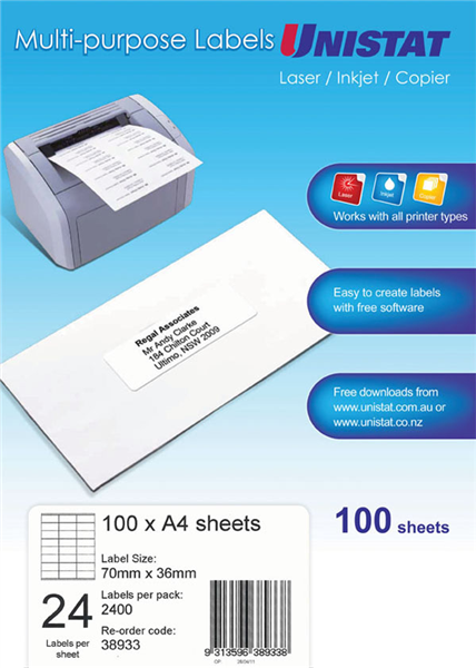 Unistat Labels 38933 Multi Use A4 24Up 70 X 36mm White Box 100 1013744 AV38933