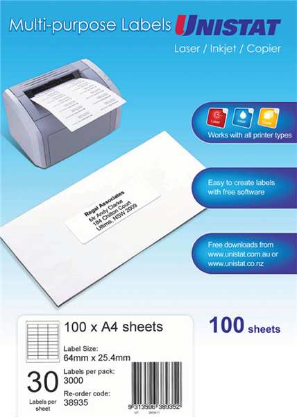 Unistat Labels 38935 Multi Use A4 30Up 64 X 25.4mm White Box 100_22490600_AV38935
