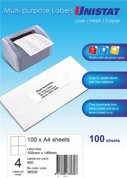 Unistat Labels 38930 Multi Use A4 4up 105 X 148mm White Box 100_1013029_AV38930