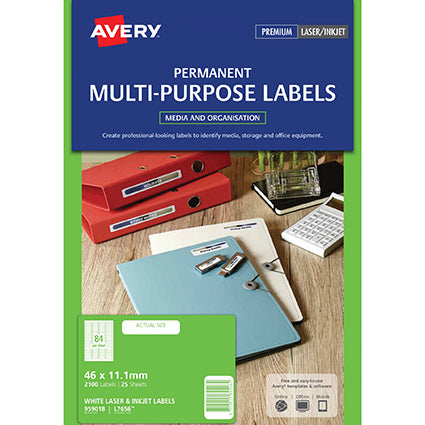 Avery Labels Laser L7656 Multi-Purpose 46x11.11mm Inkjet White 84up Pk 25_22471200_AV959018