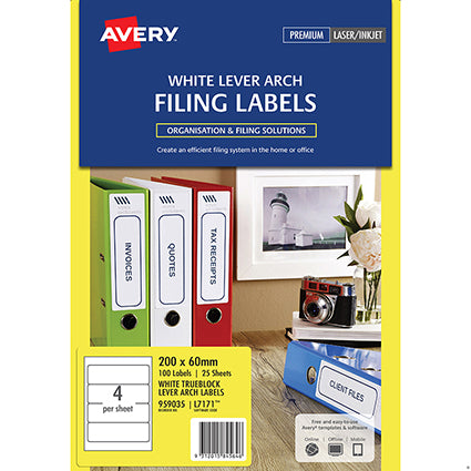 Avery Laser Labels L7171 Lever Arch 200x60mm White 4up Pack 25_22470000_AV959035