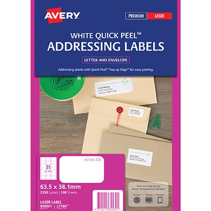 Avery Quick Peel Address Labels SF L7160 21Up 63.5X38.1mm 100 22454000 AV959001