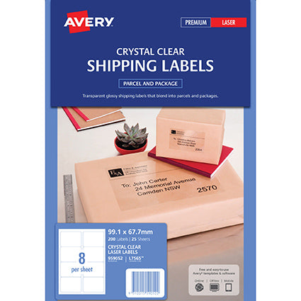 Avery Laser Labels L7565-25 Crystal Clear 99.1X67.7Mm 8Up Pack 25_22469000_AV959052
