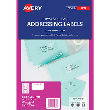 Avery Laser Labels L7551-25 Crystal Clear 38.1X21.2mm 65Up Pack 25_22466000_AV959022