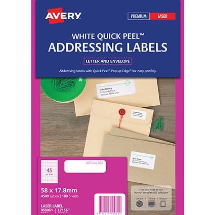 Avery Quick Peel Address Labels Sure Feed L7156 58X17.8mm 45Up Bx 100 22461900 AV959061