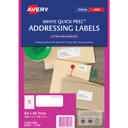 Avery Shipping Labels AveryEco Inkjet/Laser White 64x26.7mm 30up 100 Sheet_22462100_AV959062