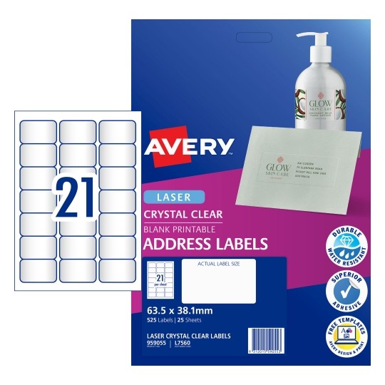 Avery Laser Labels L7560-25 Crystal Clear 63.5X38.1Mm 21Up Pack 25_320012800_22335