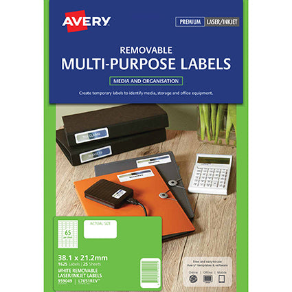 Avery Labels Removable L7651 Multi-Purpose 38.1X21.2mm 65Up A4 White 25_22471500_AV959049