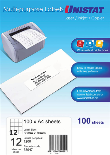 Unistat Labels 38947 Multi Use A4 12Up 68 X 70mm White Box 100_1032957_68030