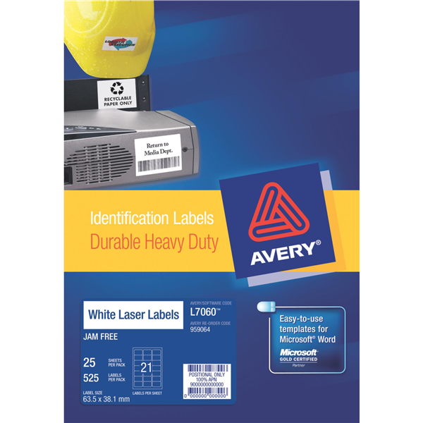 Avery Labels Laser Heavy Duty L7060 Permanent 63.5X38.1 Mm White 21up Pk 25_22484200_AV959064
