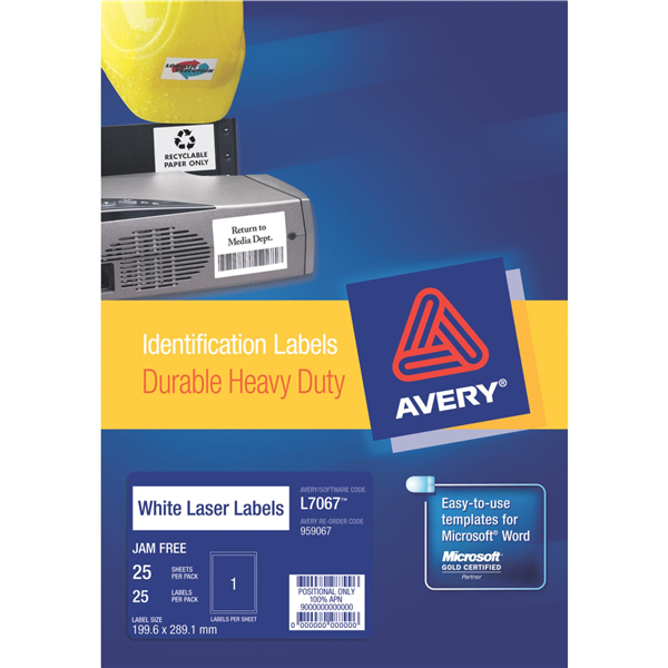 Avery Labels Laser Heavy Duty L7067 Permanent 1Up Pack 25 22460100 AV959067