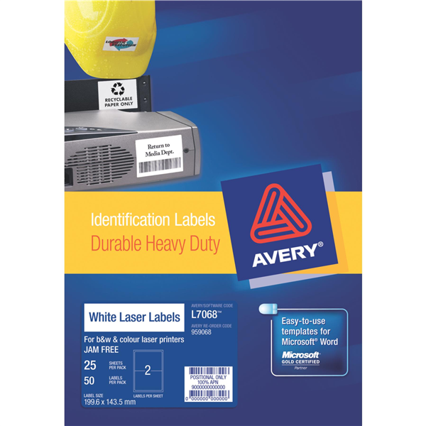Avery Labels Laser Heavy Duty L7068 Permanent 199.6X143.5mm White 2Up Pk 25_22484400_AV959068