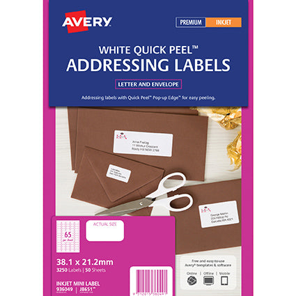 Avery Shipping Labels AveryEco Inkjet/Laser White 38.1x21.2mm 65up 50 Sheet_22479200_85797