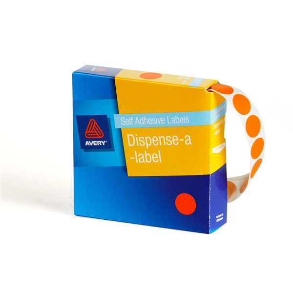 Avery Circle Dispenser Labels Removable 14mm Diameter Pk 1050 Fluro Orange_22503021_33812