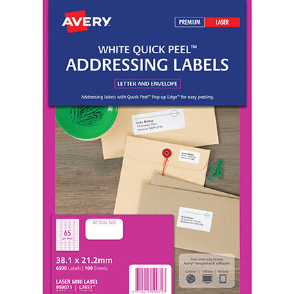 Avery Quick Peel Address Labels Sure Feed L7651 38.1x21.2mm 65up Bx 100_1001368_AV959071