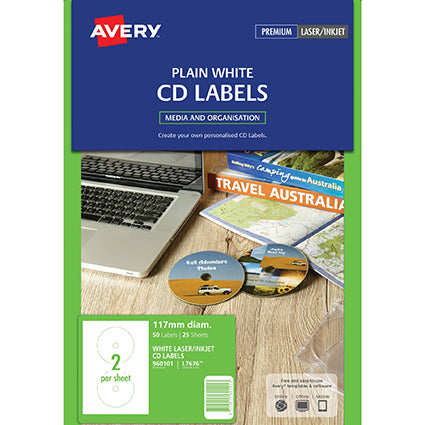Avery L7676 CD/DVD Labels Laser & Inkjet Permanent White Pack 50_22480600_22056