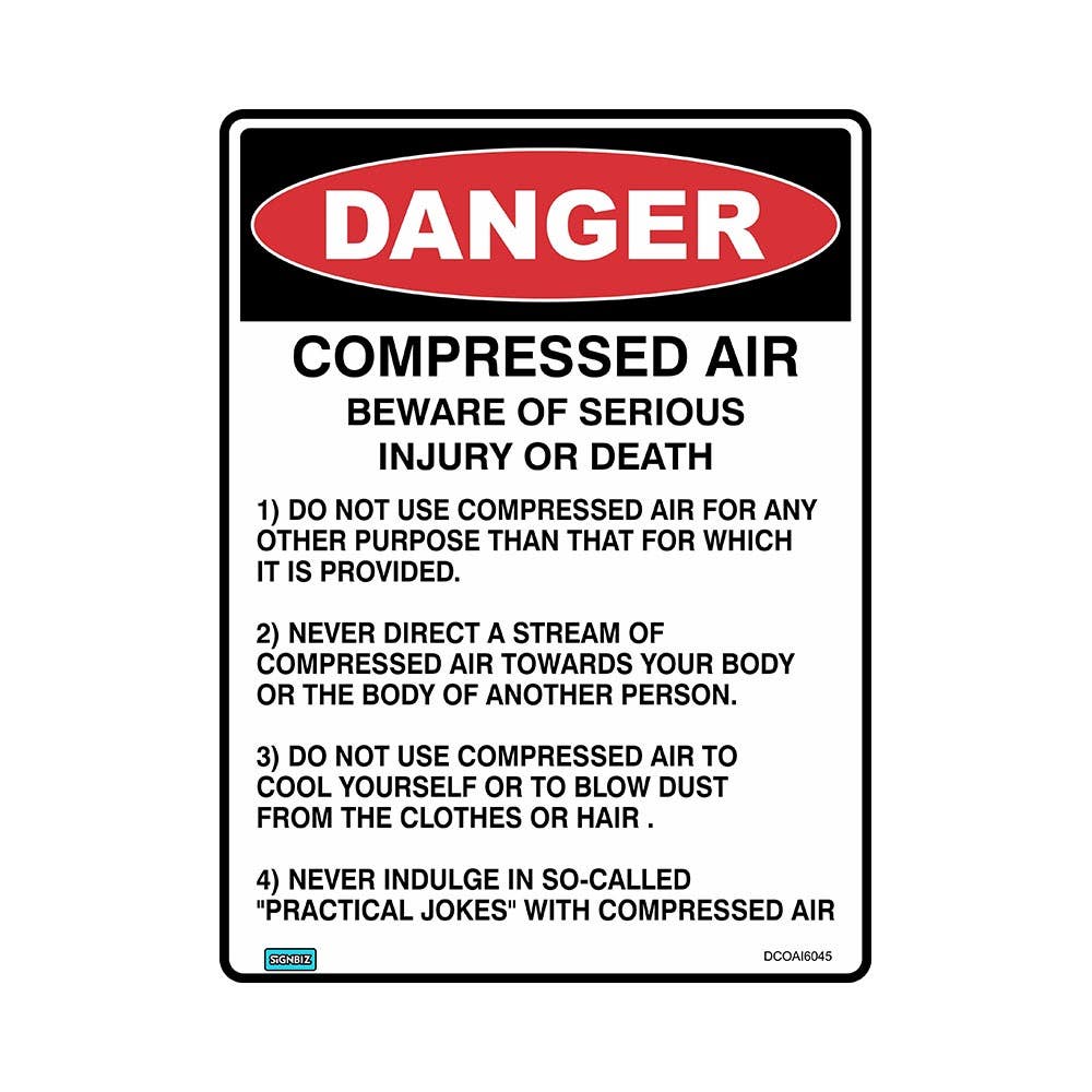 Sign DANGER COMPRESSED AIR BEWARE OR SERIOUS INJURY OR DE.. 225X300mm Metal_35000053_DCOAI3022M