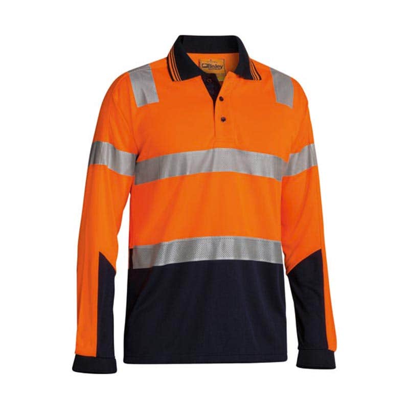 Shirt Polo L/S 2XL Hi Vis Orange/Navy Poly Micromesh 165gsm Tape Bisley 36001452 BK6258T TT052XL