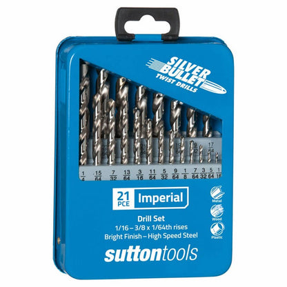 Drill Bit Set Jobber Imperial Bright 21 Piece Metal Case 1/16-3/8'' x 1/64'' Sutton 36002655 D101MTLS2