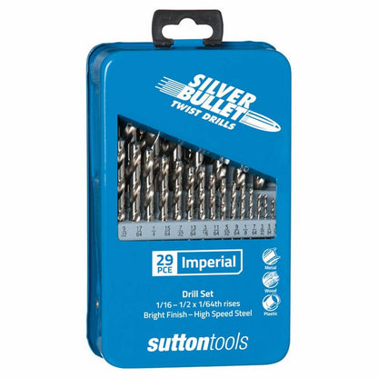 Drill Bit Set Jobber Imperial Bright 29 Piece Metal Case 1/16-1/2'' x 1/64'' Sutton 36002656 D101MTLS3
