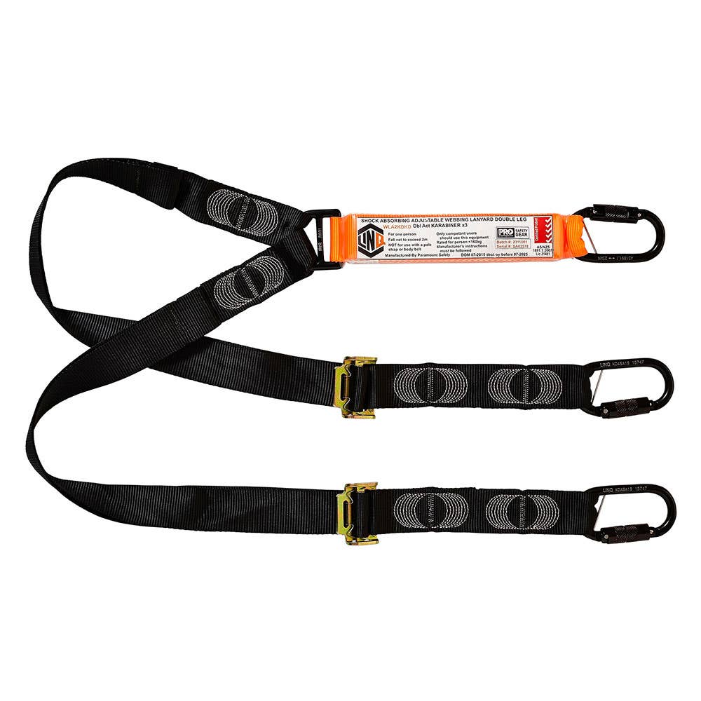 Lanyard Webbing Shock Absorb 2m Adjust Double Leg + 3 x D/Action Karabiner 36002777 WLA2KDKD