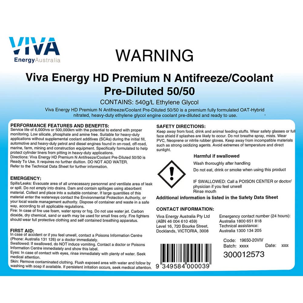 Coolant HD Premium N Anti-Freeze 50/50 1,000L Shell 227727 300012563