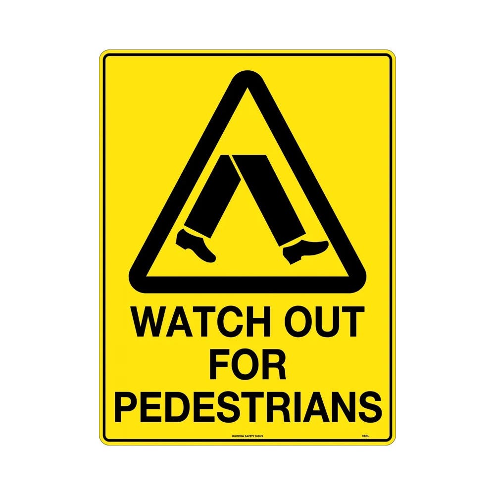 Sign CAUTION WATCH OUT FOR PEDESTRIANS 600 X 450mm Metal 380LM_510035_380LM
