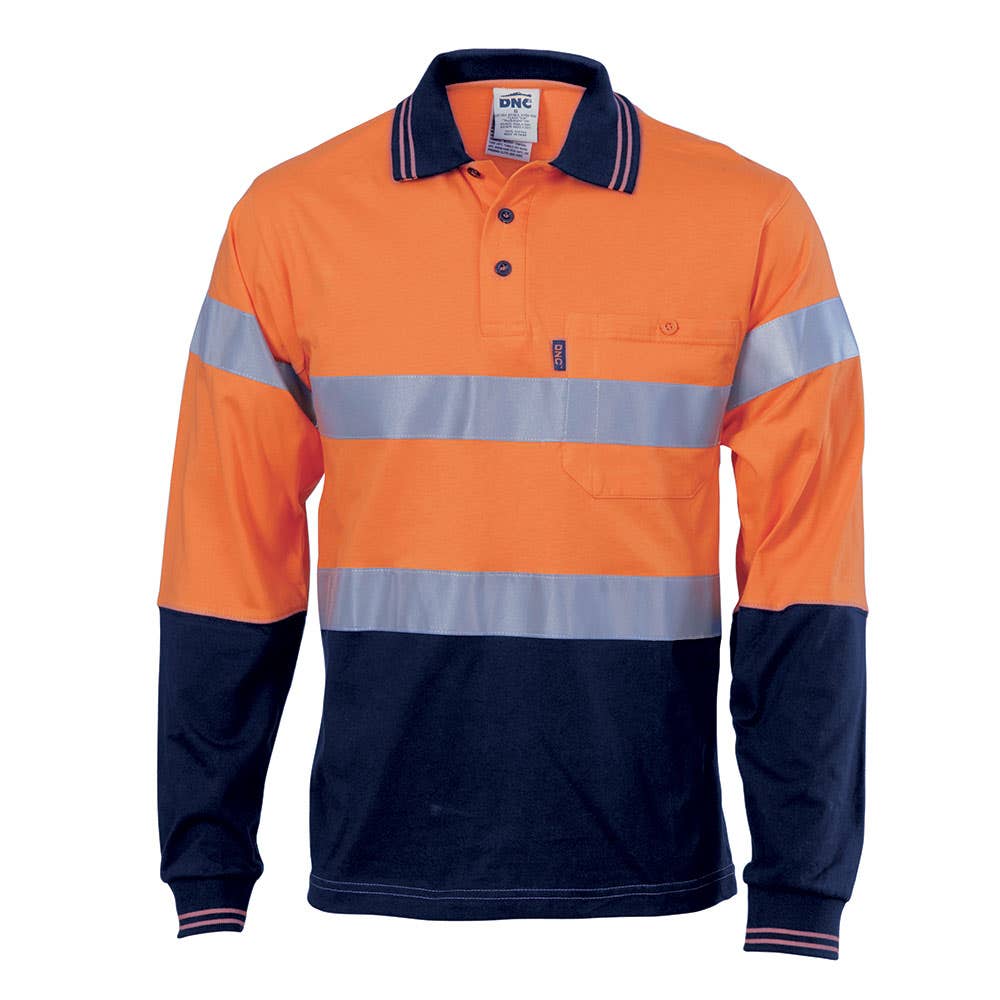 Shirt Polo L/S 200gsm Comb Cotton Jersey 3M Tape Hi Vis 2XL Orange/Navy 40004798 3916-O/N-2XL