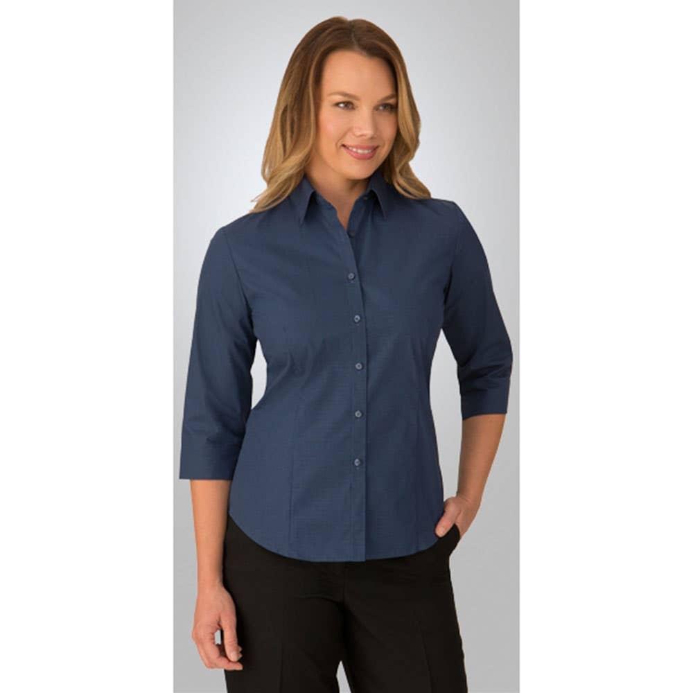 Shirt Womens 3/4 Sleeve Poly Cotton Micro Check 2121 Navy 10 40005835 2121-NAV-10
