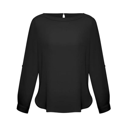Blouse Womens L/S Poly Boatneck Madison Biz BAE Logo BAES828LL