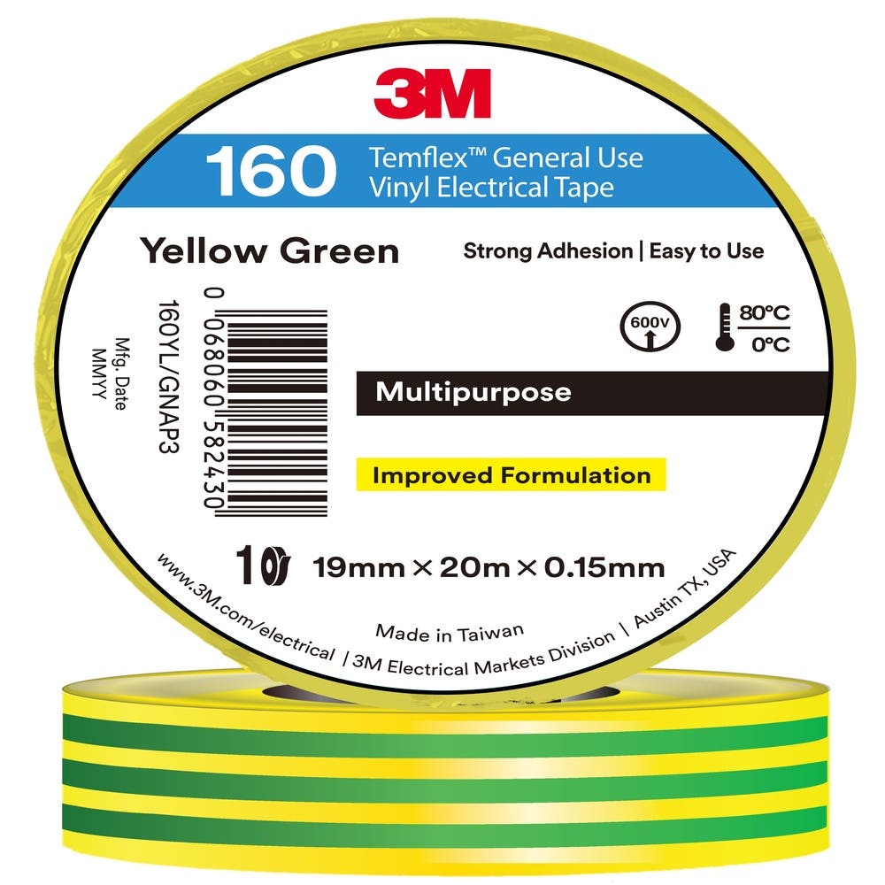 Tape Temflex 160 PVC Electrical Yellow/Green 19mm X 20m 3M  Yellow/Green 7100374565_40074835_7100374565