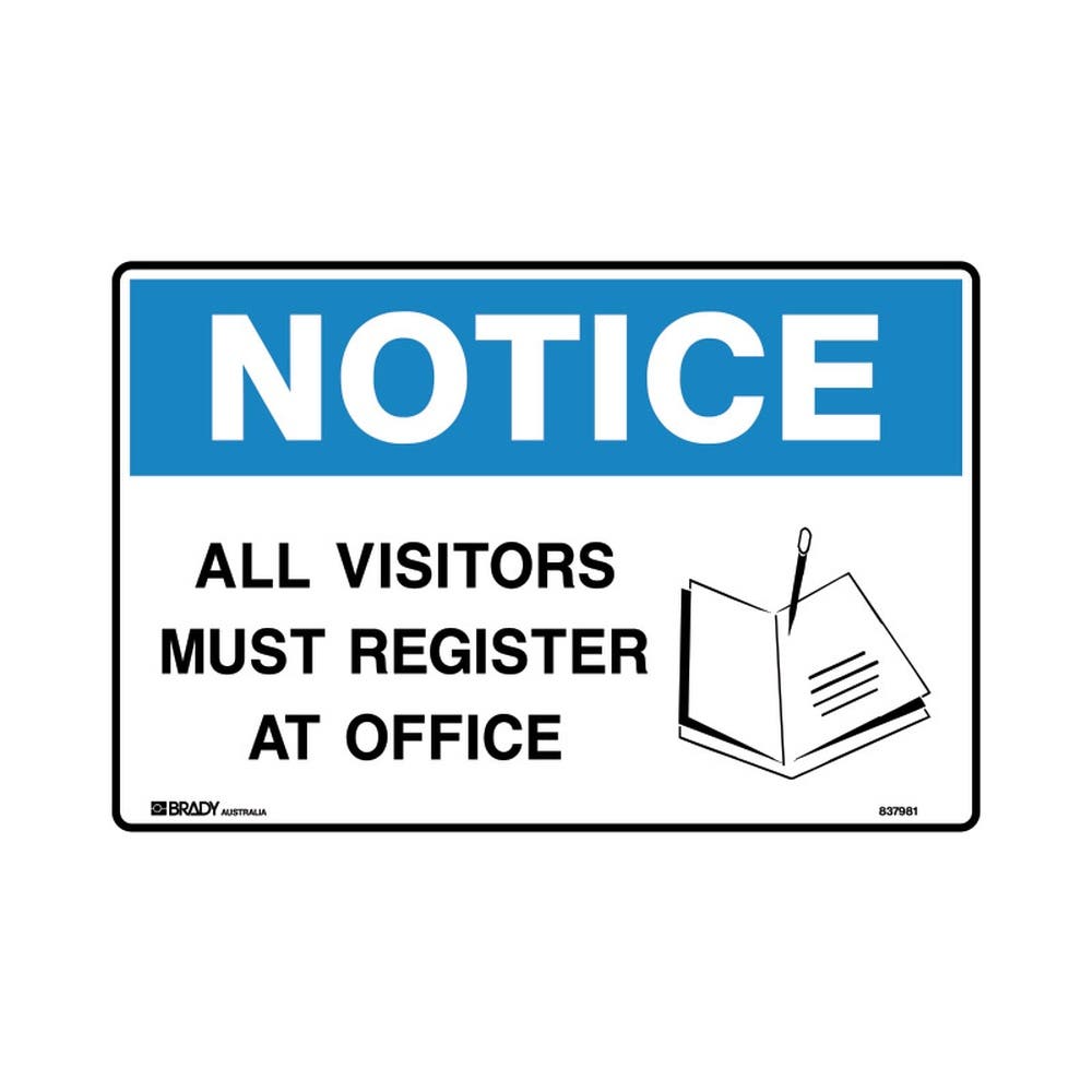 Safety Sign Notice All Visitors Must Register At Office 450 x 300mm Metal Brady   837981_40074875_837981
