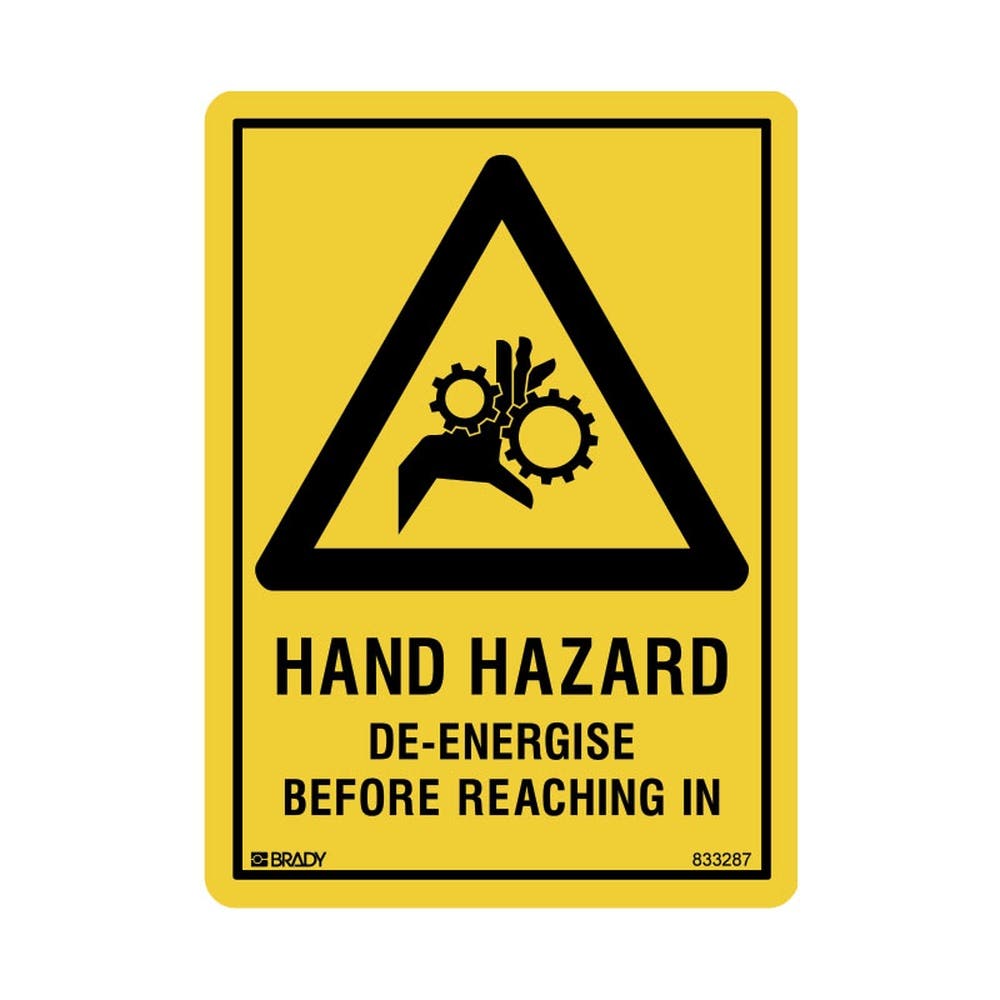 Sign 'Hand Hazard De-energise Before Reaching In' 125x90mm Sticker Pk5 400959 833287