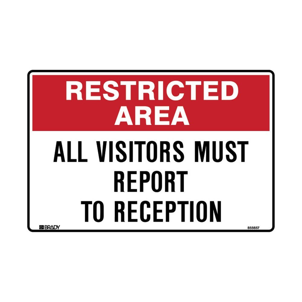 Sign RESTRICTED AREA ALL VISITORS MUST REPORT TO RECEPTION 450x300mm Metal 408523 855657