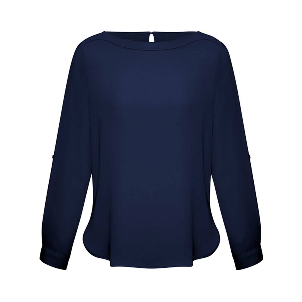 Blouse Womens L/S Poly Boatneck Madison Midnight Blue 10 Biz + BAE Logo 40010820 BAE S828LL-MIDBLU-10