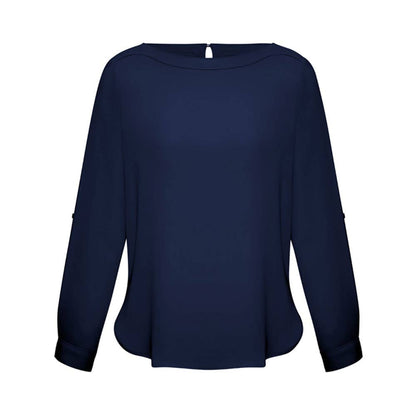 Blouse Womens L/S Poly Boatneck Madison Midnight Blue 10 Biz + BAE Logo 40010820 BAE S828LL-MIDBLU-10