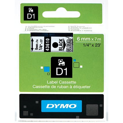 Dymo Labelling Tape D1 6Mm X 7M 43610 Black On Clear 22549000 36134