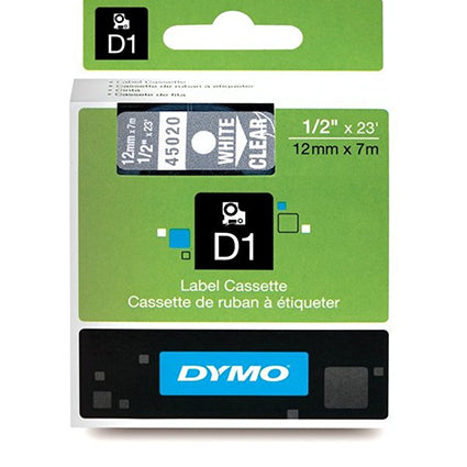 Dymo Labelling Tape D1 12mm X 7M 45020 White On Clear S0720600_22567300_23485
