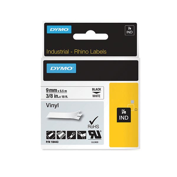 Rhino Dymo Industrial Labels - Sd18443 Vinyl 9mm Black On White 1031221 30971