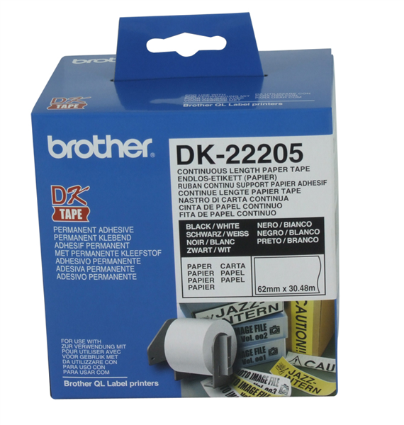 Brother Labels DK-22205 Roll 62mmx30.48M Black On White Box 800 425094200 DK-22205