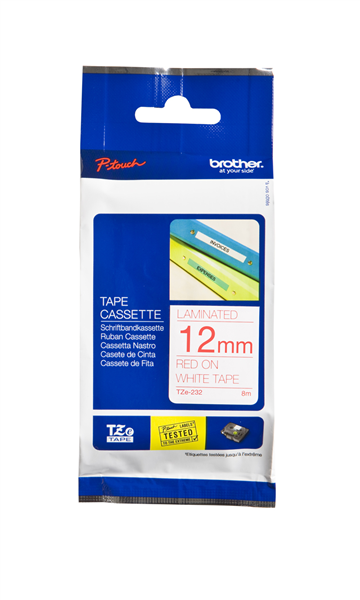 Brother TZE-232 Labelling Tape 12mmx8M Red On White 22623300 TZE-232