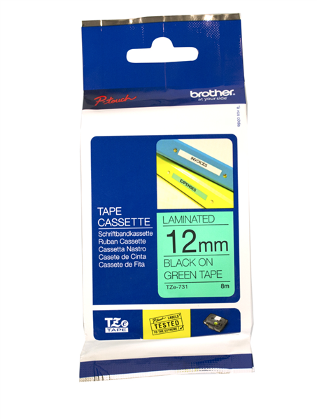 Brother TZE-731 Labelling Tape 12mmx8M Black On Green_22613000_BTZ731