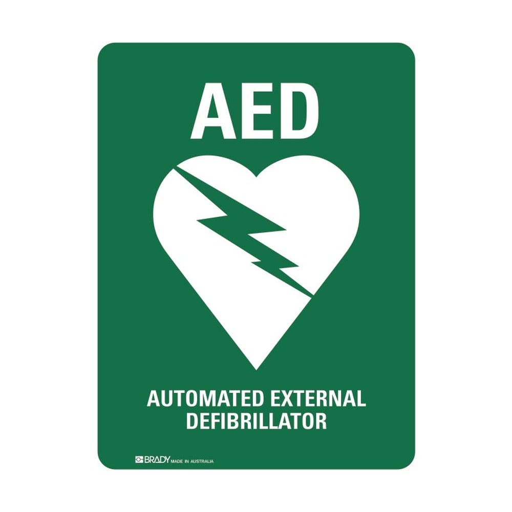 Sign Defibrilator AED 225 X 300 Green B/ground White Text Metal 479173 872718