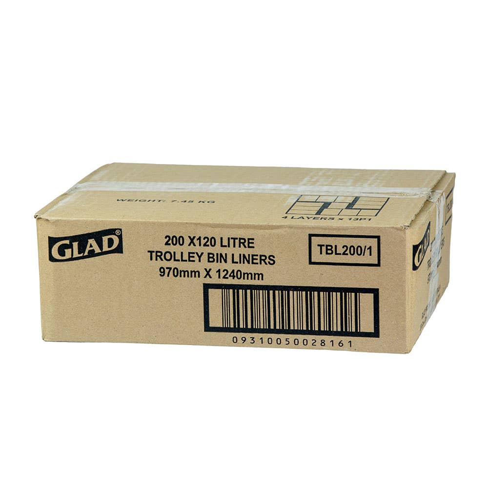 Bin Liner Trolley Bags HDPE 15um Black 120L 200 Pk Glad 60011954 TBL200/1