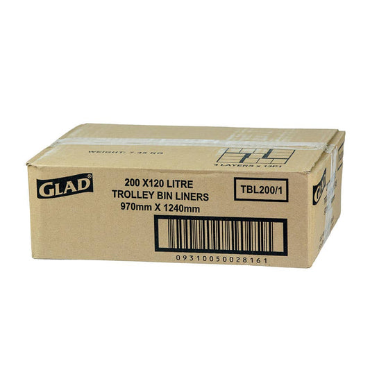 Bin Liner Trolley Bags HDPE 15um Black 120L 200 Pk Glad 60011954 TBL200/1